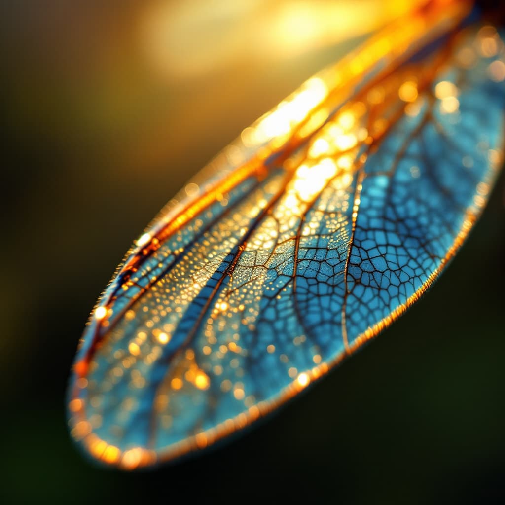 AI generated: 1.	close-up 3D render of a dragonfly wing under sunlight, transparent mesh, detailed reflections --v...
