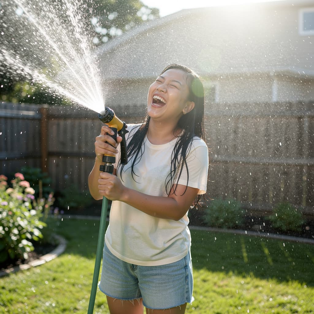 AI generated: A vertical ultra-realistic masterpiece photograph of a joyful East Asian woman with long wet black h...
