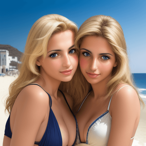 AI generated: High resolution photography two greek  female friends in a beach  both looking at camera close up vi...
