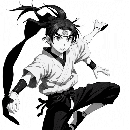 AI generated: no color, perfect anime illustration, portrait of a ninja Boy, jumping, {{{{{{black and white style}...