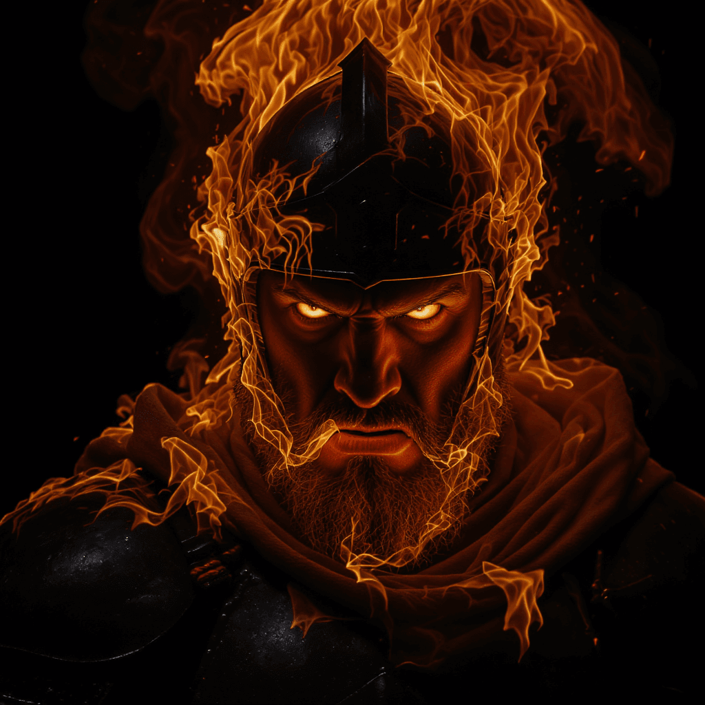 AI generated: Front close-up, hyper-realistic, of a furious Arabian knight bursting into flames, smoke, embers, (s...