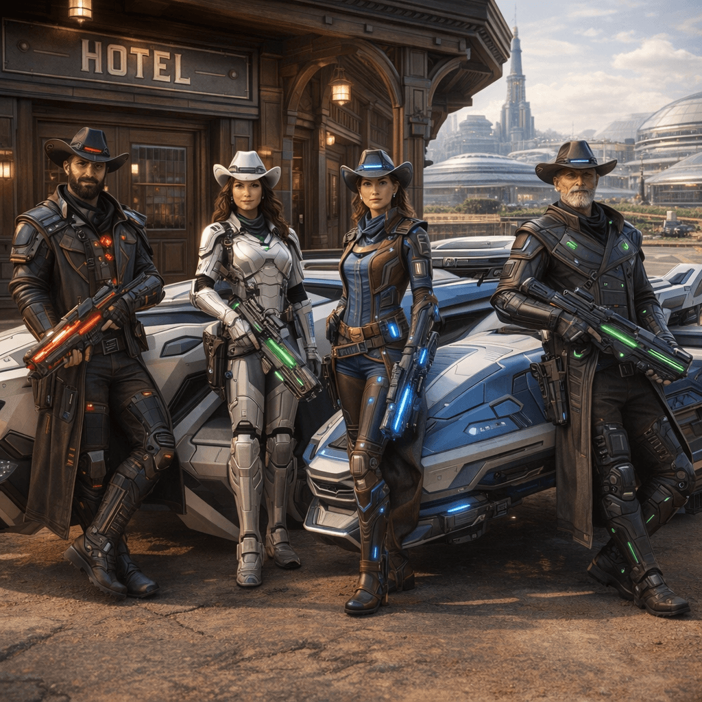 AI generated: Create an image of four futuristic, but different-looking, Human Cowboys and Cowgirls, posing comfor...