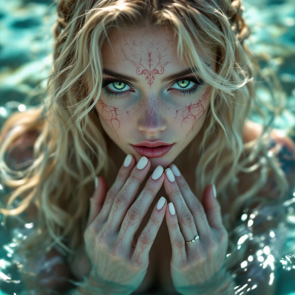 AI generated: A full body photo shot of a gorgeous cute (Mermaid) blonde with blonde hair, holding her hands over ...