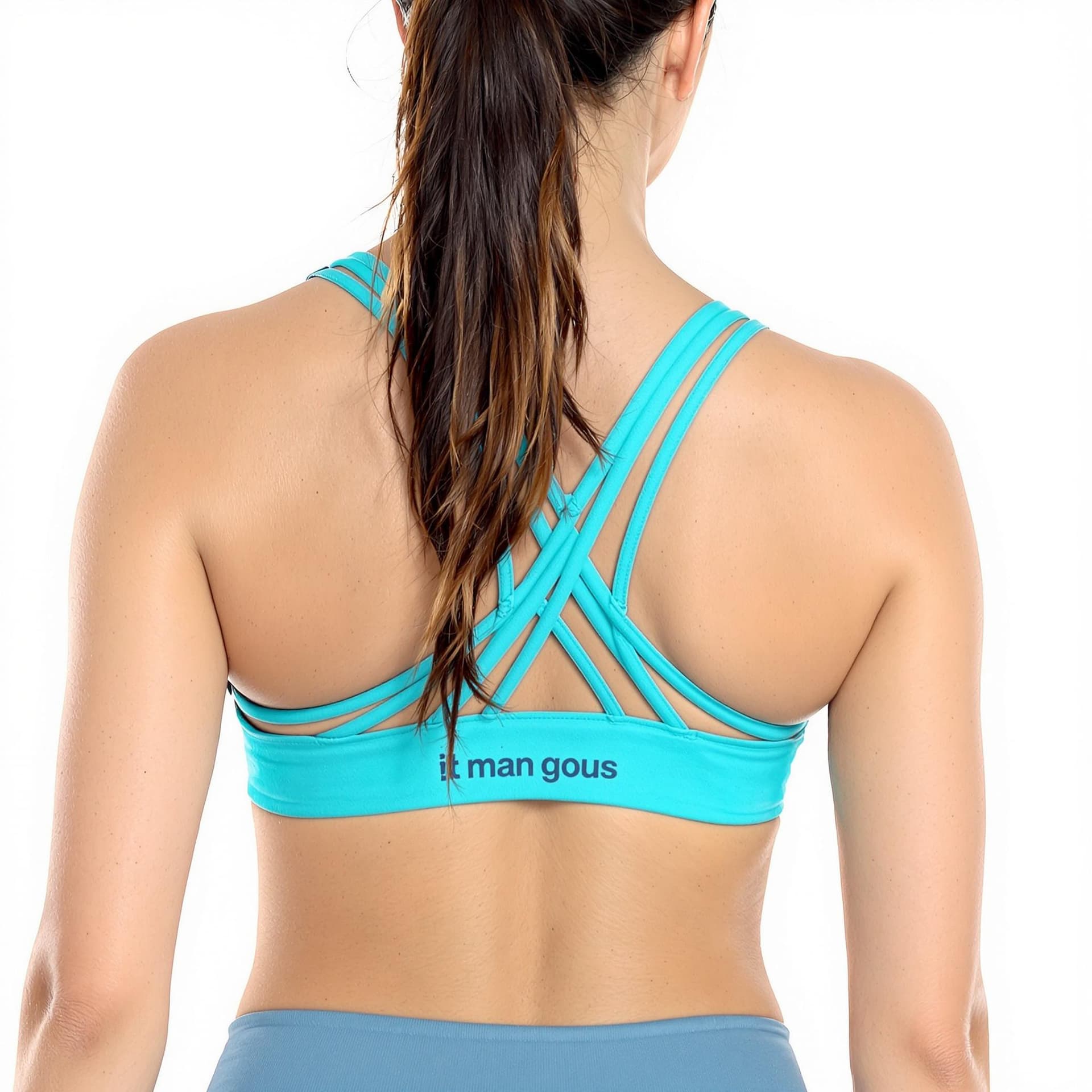 AI generated: a woman wearing cyan sports bra and matching leggings. Her hair is pulled back in a ponytail. The ba...