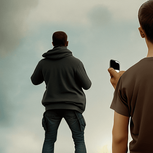 AI generated: back of a man holding smartphone, dystopian background