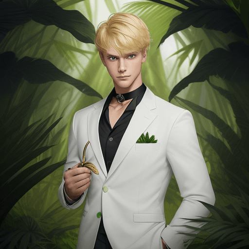 AI generated: The image is an illustration of a young man standing in a tropical forest. He is wearing a white sui...