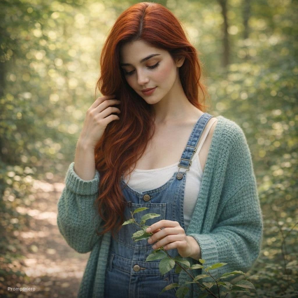 AI generated: A photorealistic portrait of a fit adult woman with long, flowing red hair, standing in a sun-dapple...