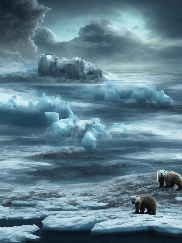 AI generated: post-apocalyptic landscape, of a polar bear, in a floating iceberg, in front of floating pollution, ...