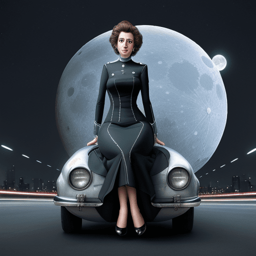 AI generated: carro lunar, 14 ruedas, en ciudad futuristica, conductor mujer con vestido futuristica,
