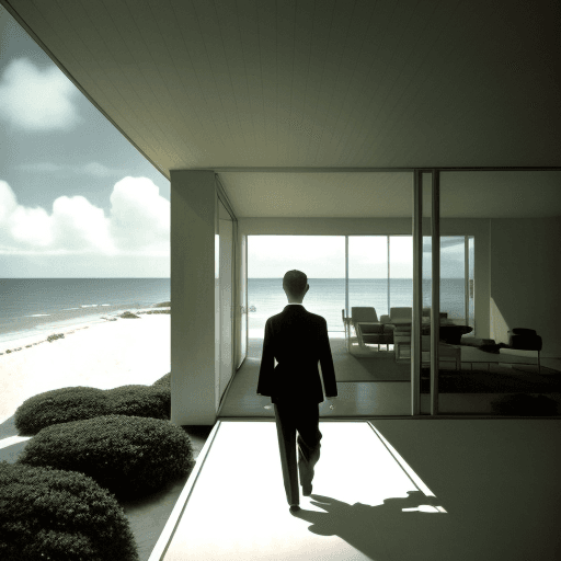 AI generated: boy walking on beach with father Hyper realistic eye level exterior photo of a mid century modern st...