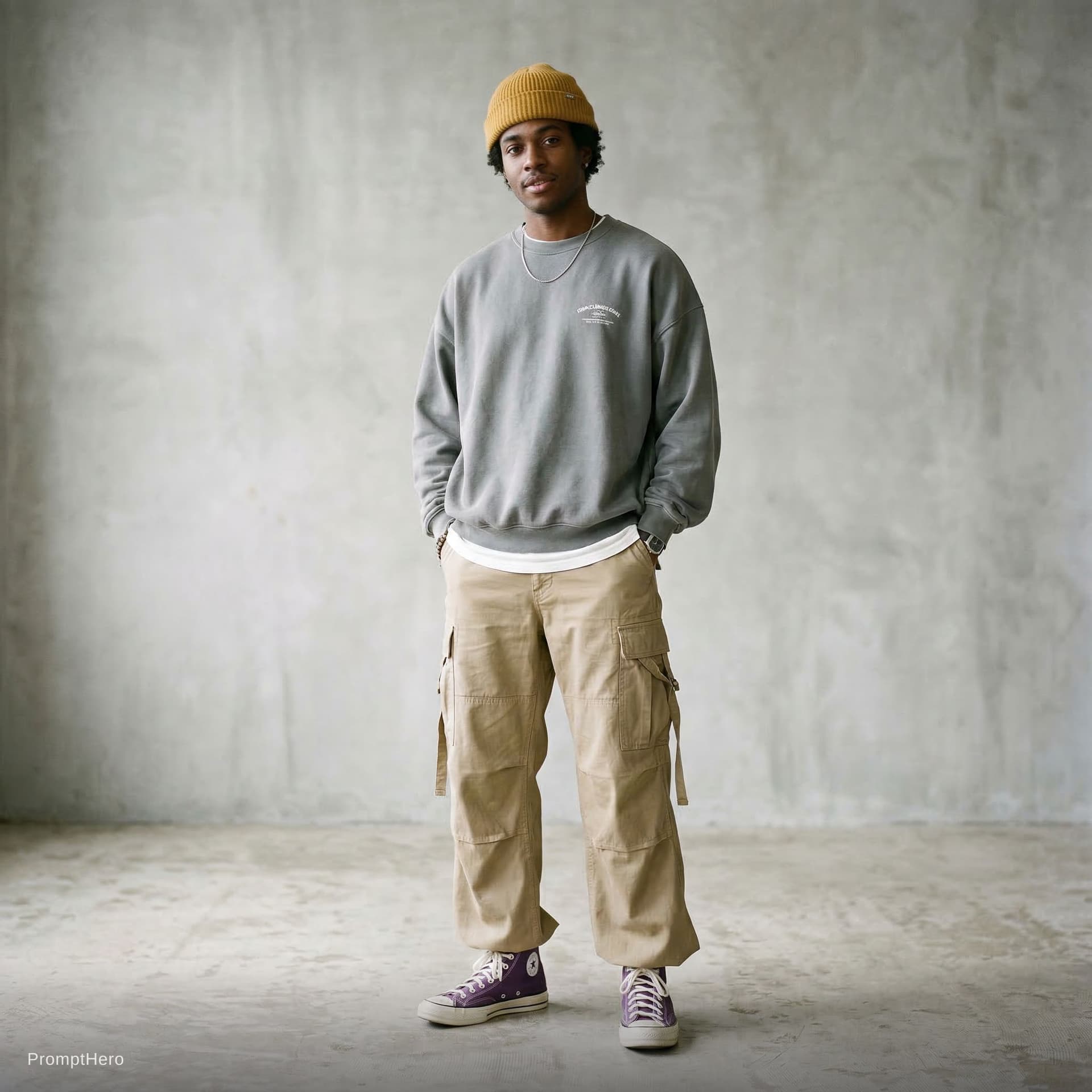 AI generated: streetwear fashion editorial, full-body man, wearing a mustard yellow color beanie hat, oversized gr...
