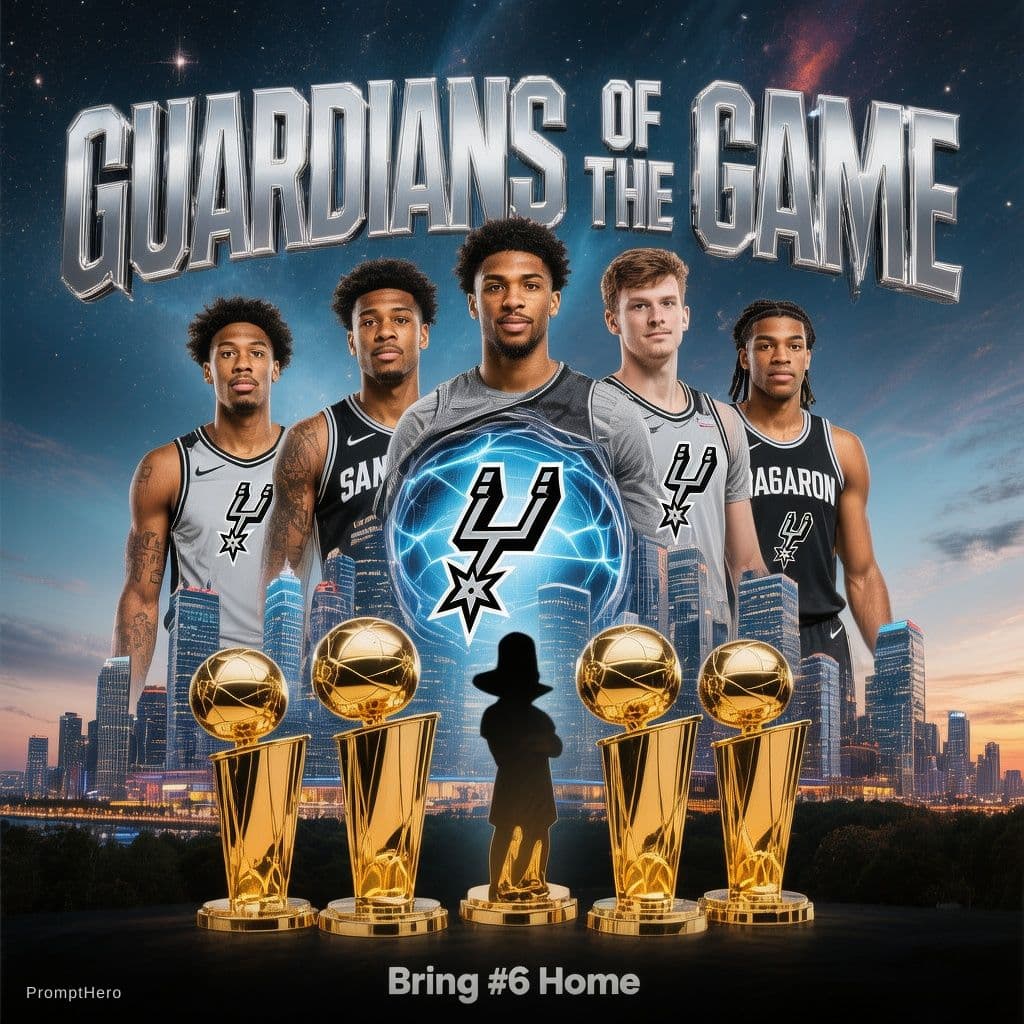 AI generated: create for me a graphic of the San Antonio Spurs players: De'Aaron Fox , Stephon Castle; , Devin Vas...