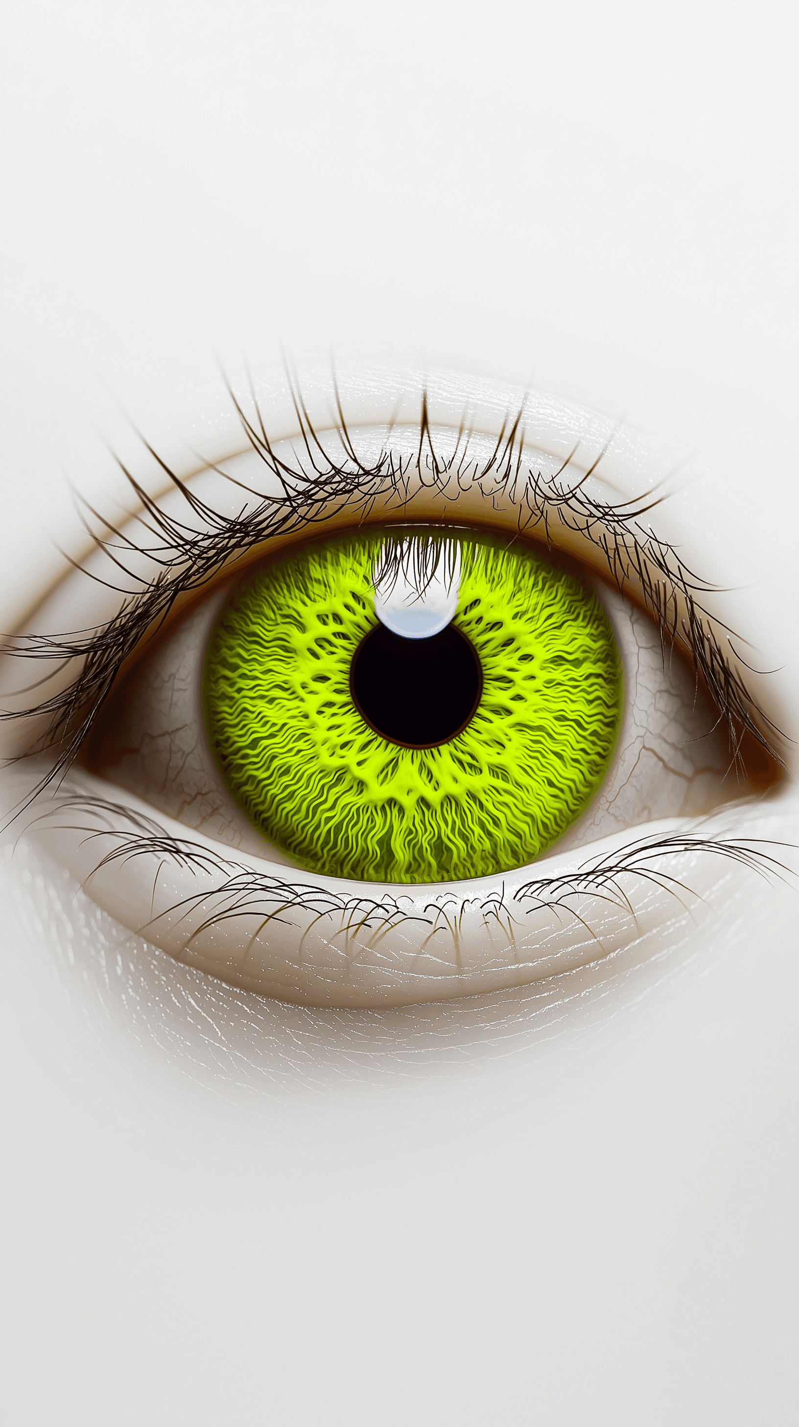 AI generated: macro, neon green eye detail, front view, hasselblad, white atmosphere, rich details --ar 9:16 --qua...