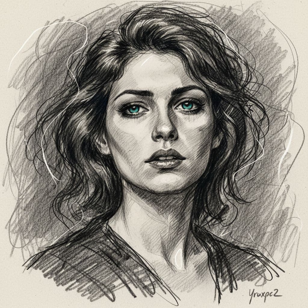 AI generated: An expressionist charcoal sketch, a stunning woman with piercing blue-green eyes, soulful --chaos 55...