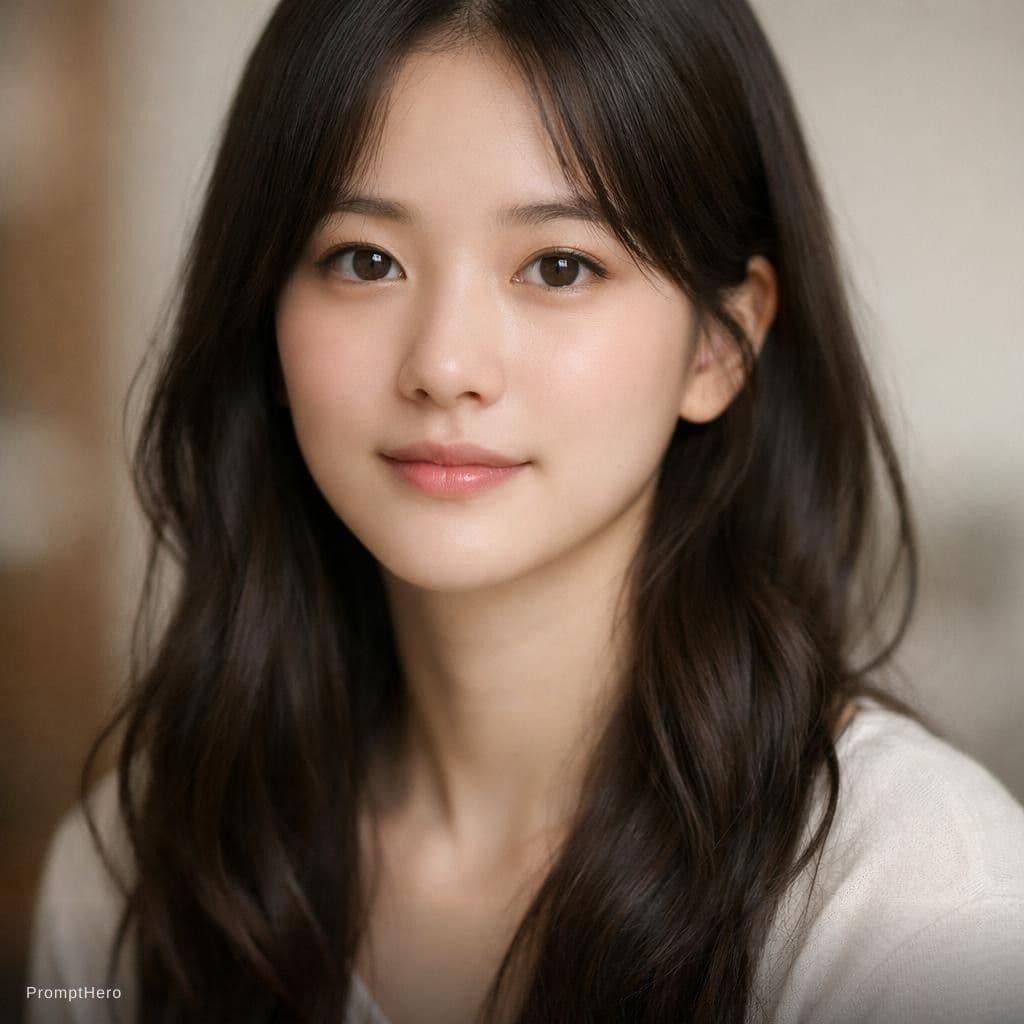 AI generated: young asian woman, oval face, soft facial structure, almond-shaped eyes, natural straight eyebrows, ...