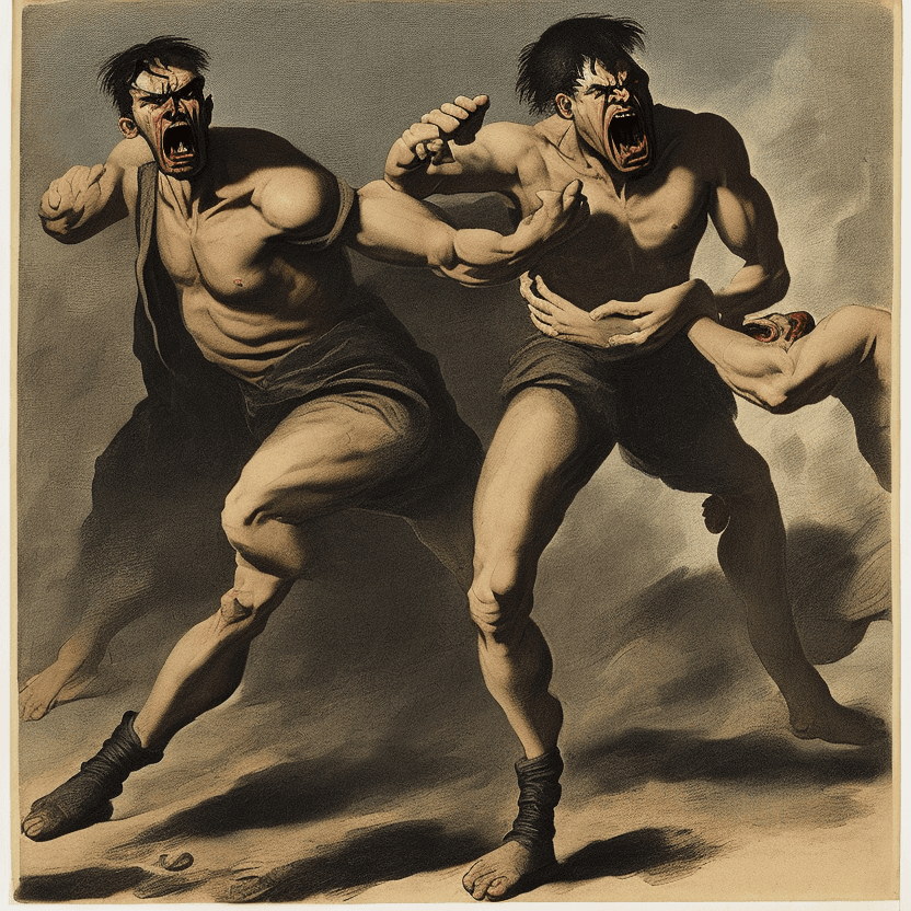 AI generated: The image shows a man confronting others with anger and aggression, with defiant looks and gestures.
