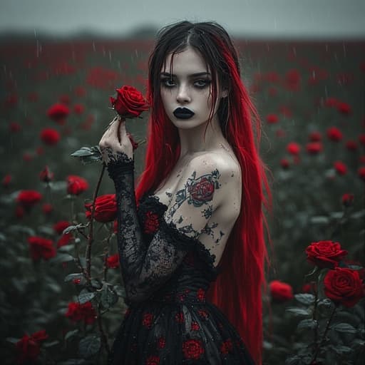 AI generated: A realistic, head to toe photo a fit, thin, perfect body, very pale female standing in a field of bl...