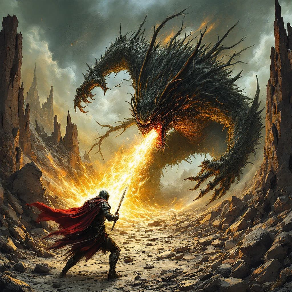 AI generated: This image depicts a dramatic battle between a lone warrior and a monster amidst a shattered, desola...