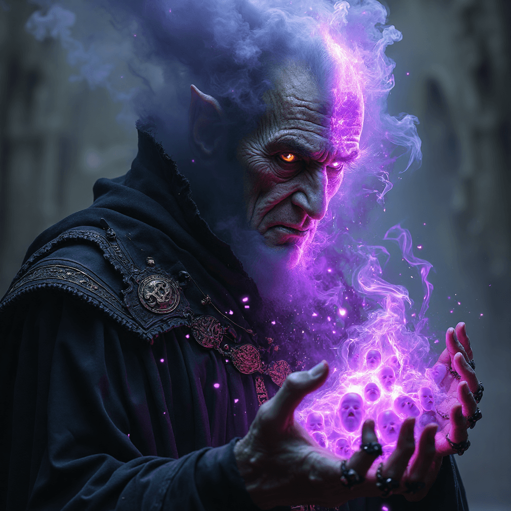 AI generated: A close-up, bust-framed portrait of a powerful, malevolent sorcerer. Half of his face is human—sharp...