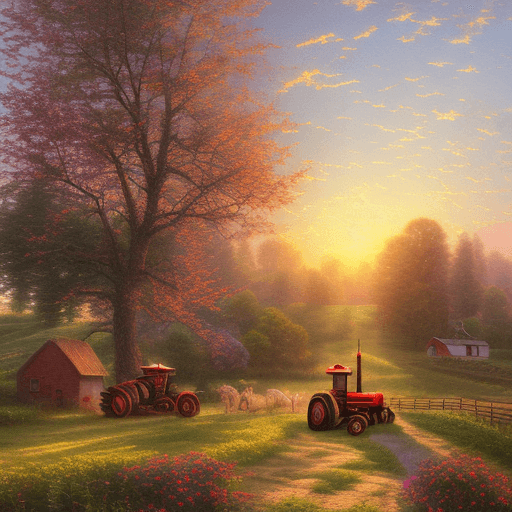 AI generated: Nostalgic sunset in the countryside with a picturesque bountiful farm, some animals and fruit trees,...
