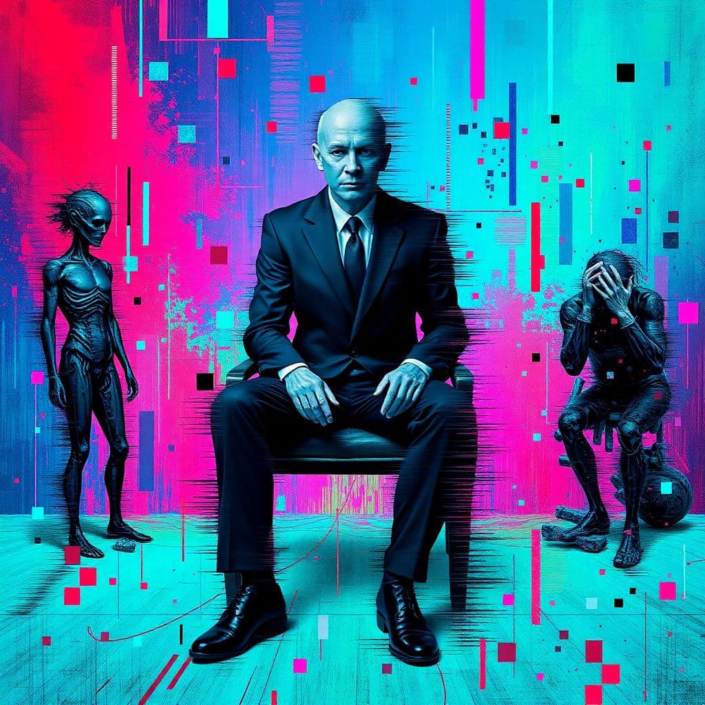 AI generated: A surreal, abstract artwork with a heavy emphasis on glitch aesthetics. Three distorted figures domi...