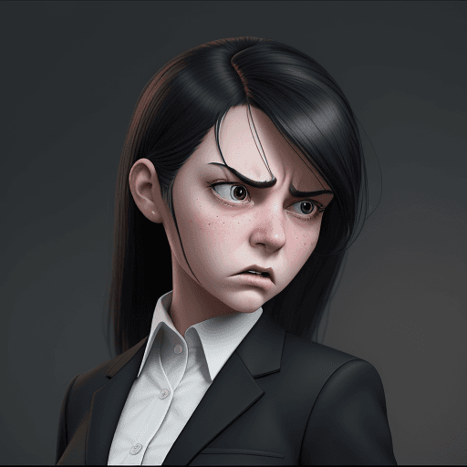AI generated: a young girl in a business suit with a very angry expression, in the style of unreal engine 5, carto...