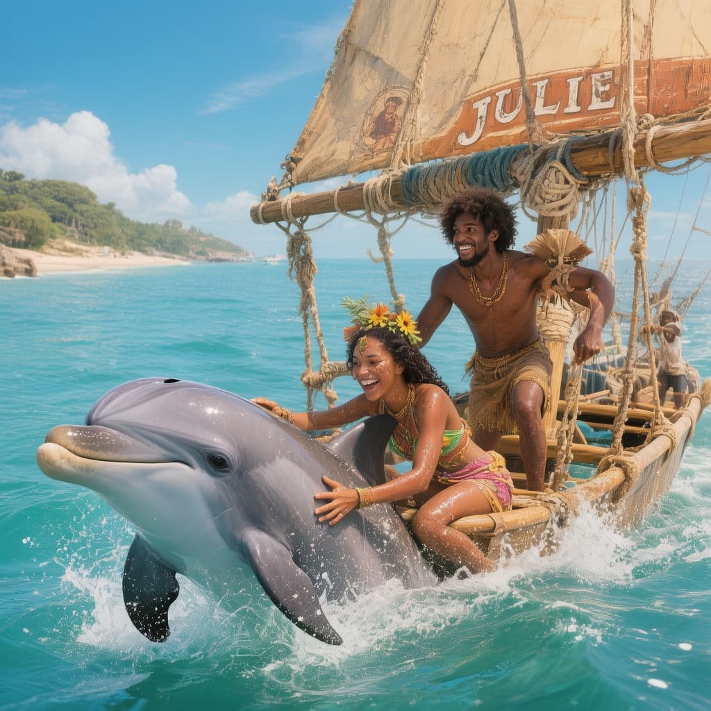 AI generated: A sunny day showing a dolphin guiding a raft with a dark-brown-skinned couple, guiding them to safet...