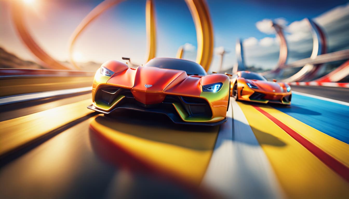 AI generated: 80mm cinematic photo by Christopher Nolan, action-packed scene from Asphalt 8, from Hot Wheels table...