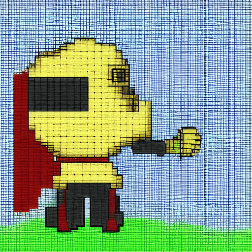 AI generated: simple 2d pixel art character with a daft punk helmet and blue cape, standing in a jungle, in the st...