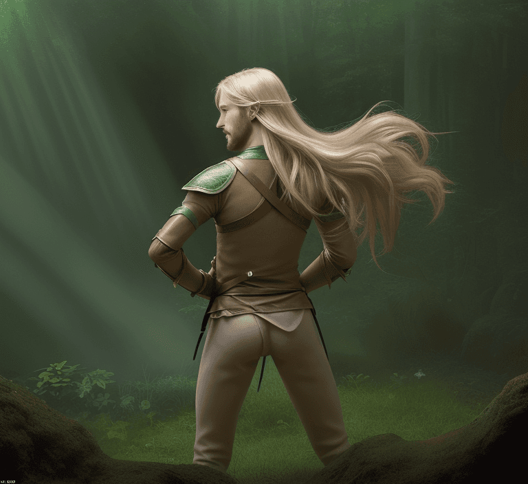 AI generated: high detailed professional full body photo in dynamic pose of a young half-elf archer seen from behi...