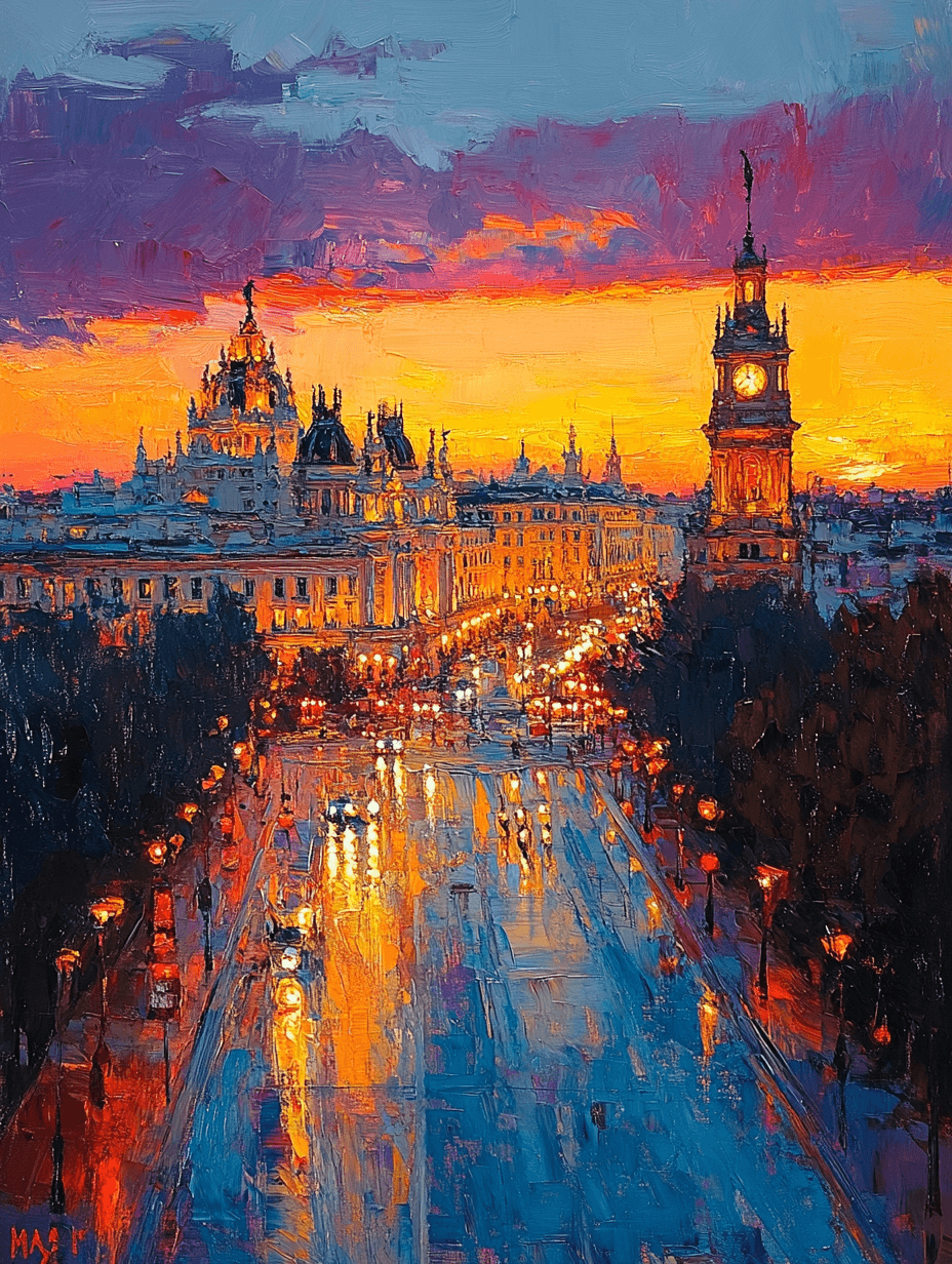 AI generated: oil painting in the style of palette knife technique of the Alcázar Palace in Madrid, with its bell ...