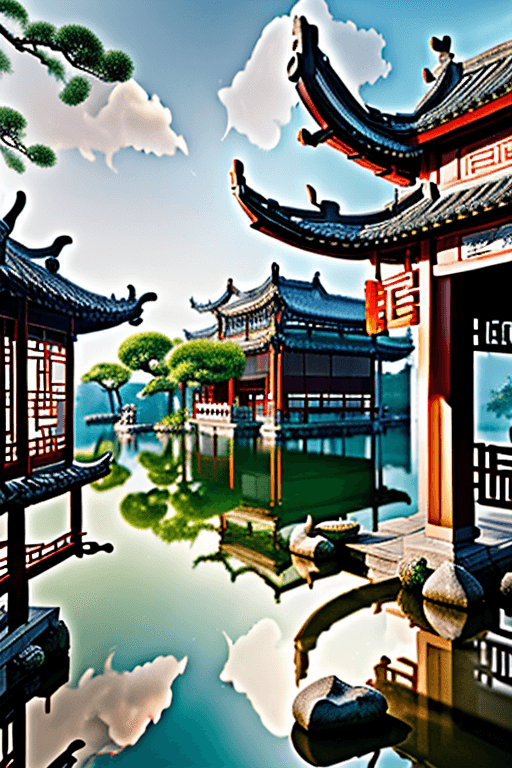 AI generated: dream like world, chinese garden architecture,suzhou style,white clouds lingering,seven fairies,surr...