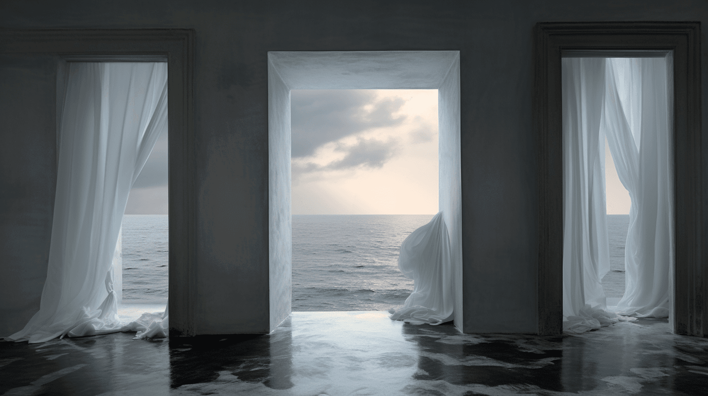 AI generated: The entrance of an old white building, the windows open to sea view, a light hanging from above illu...