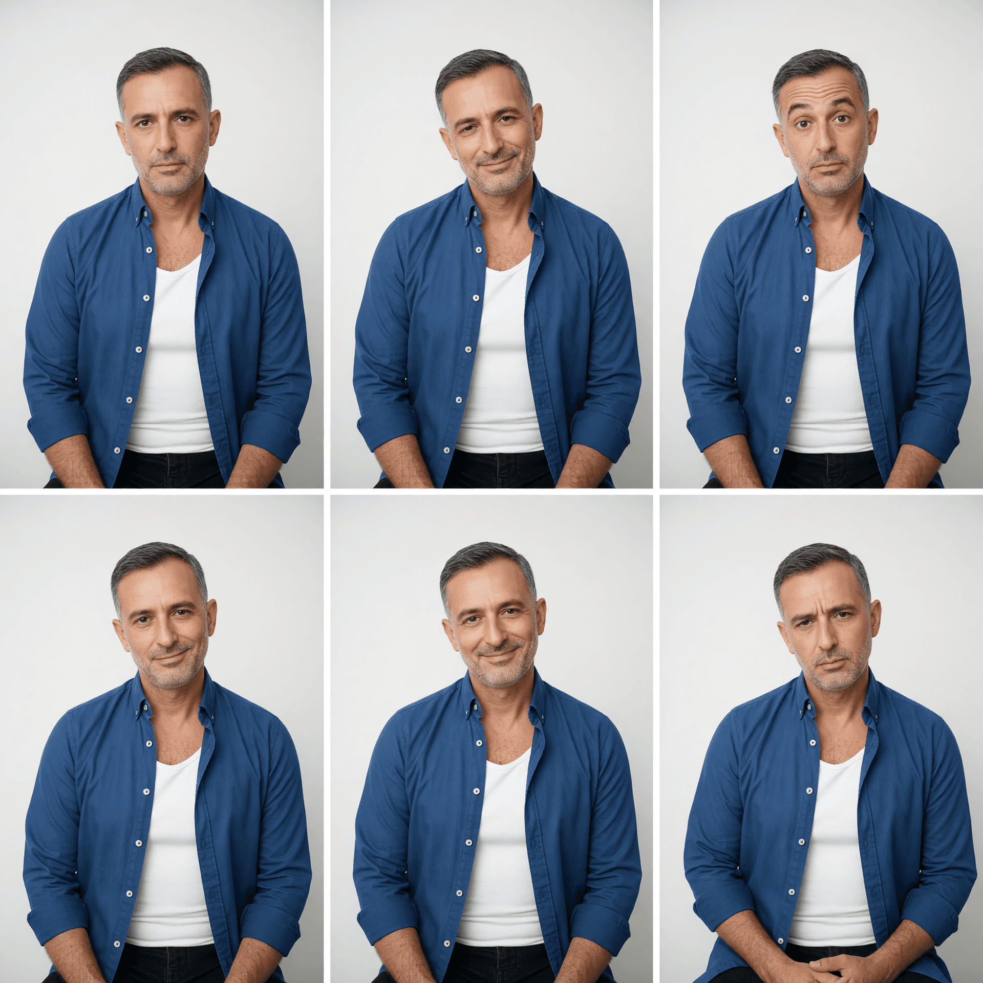 AI generated: a middle age man. dressed in black jeans, white t-shirt under a blue shirt with long sleeves, partia...
