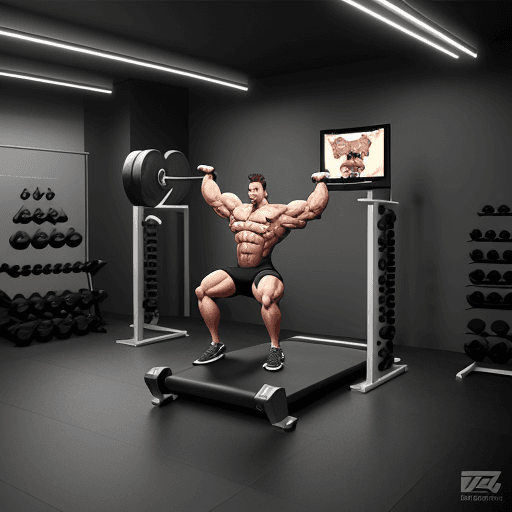 AI generated: humoristic wild boar doing bodybuilding, amazing high tech fitness room digital illustration
