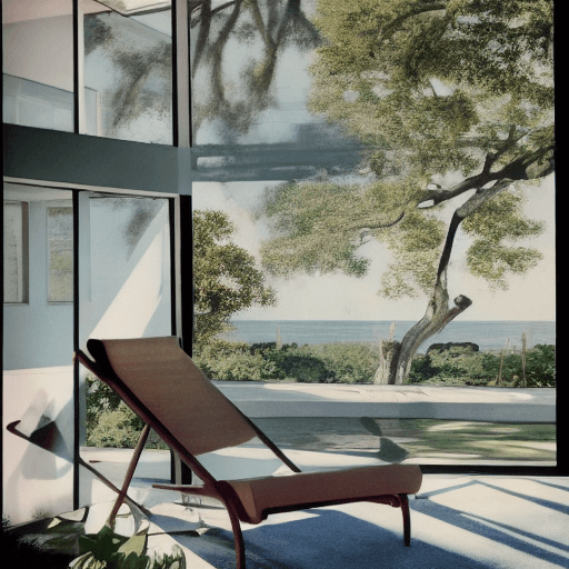AI generated: Hyper realistic eye level exterior photo of a mid century modern style house overlooking the ocean, ...