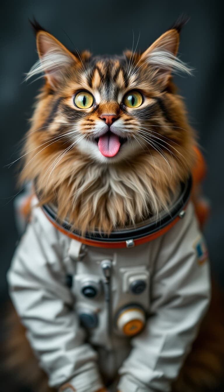 AI generated: long haired tortie cat with a goofy expression, tongue sticking out, dressed as a cosmonaut
