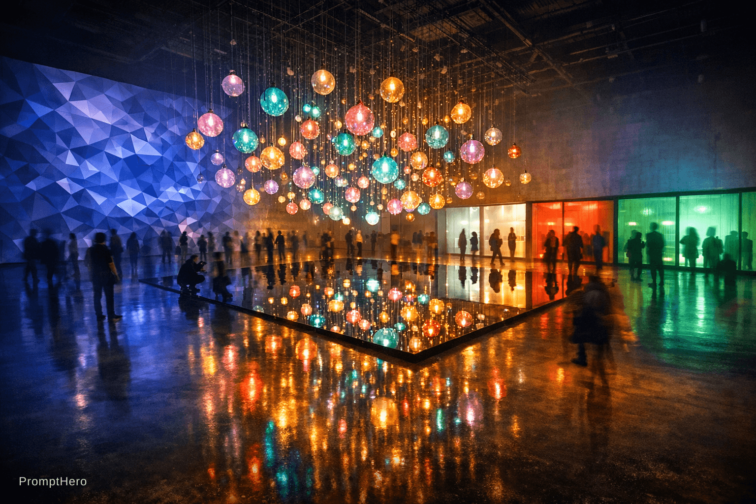 AI generated: A wide cinematic interior shot of a vast, cathedral-ceilinged contemporary art gallery at night, eve...