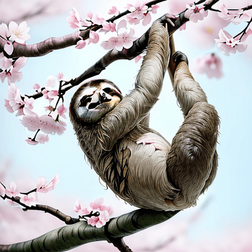 AI generated: Describe a peaceful scene of a sloth resting on a branch of a blooming sakura (cherry blossom) tree....