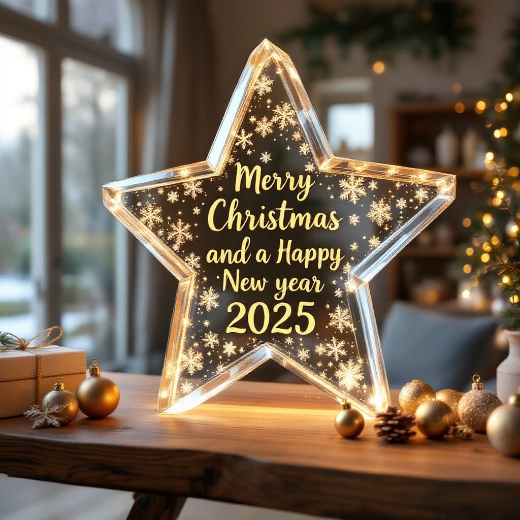 AI generated: High resolution crystal star with beautiful snowflakes and the name "Merry Christmas and a Happy New...