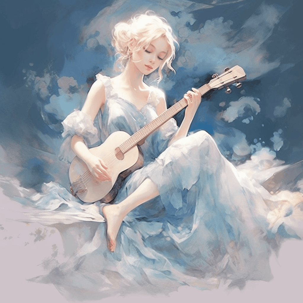 AI generated: Enchanting web 2D illustration, dreamy musician, serene pose, by Yoji Shinkawa, otherworldly aesthet...