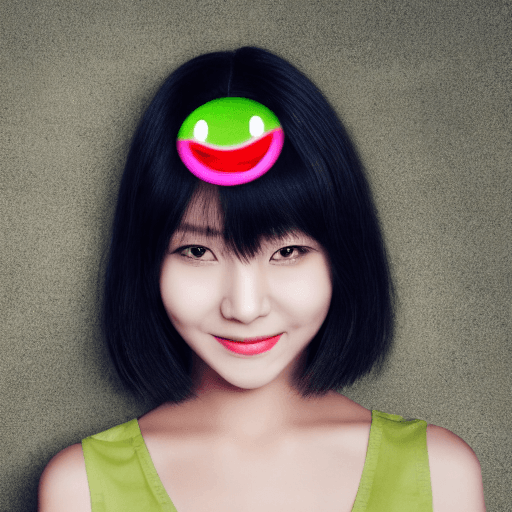 AI generated: a young lady with short black hair posing with a green smiley face, in the style of hallyu, light si...