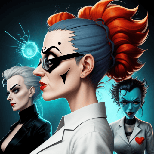 AI generated: sideview, mad scientist, woman, villain, cartoon