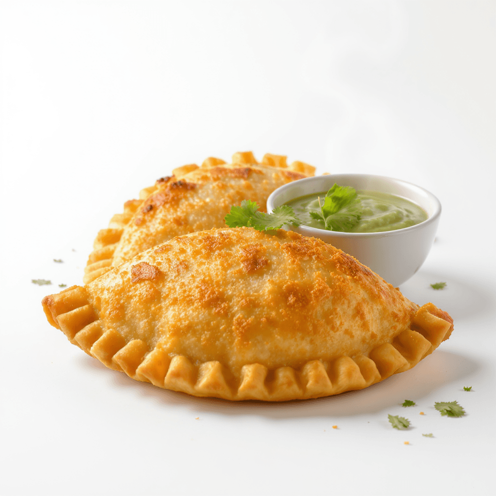 AI generated: Two golden fried empanadas in hyper-realistic commercial photography style, set in a professional st...