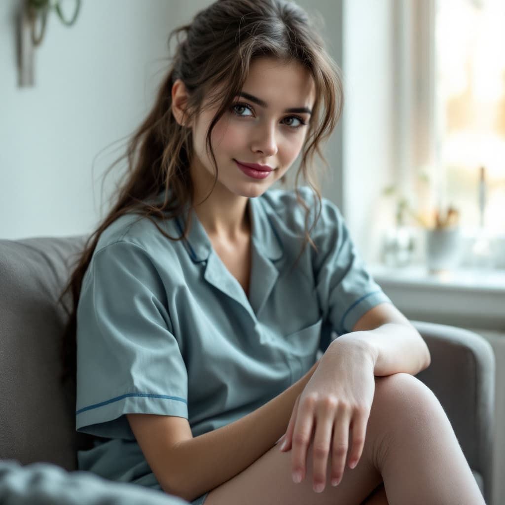 AI generated: beautiful brown haired young nurse shows her leg on which she is wearing a stocking