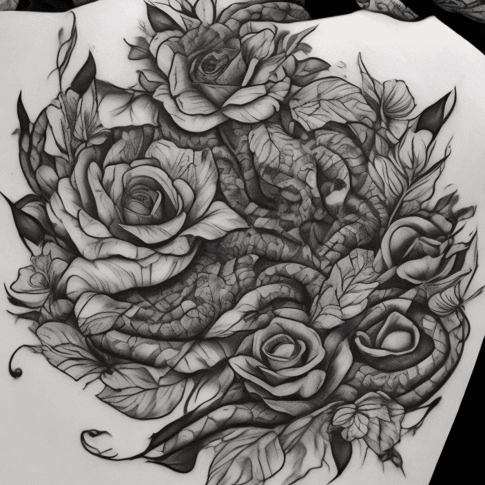 AI generated: Thigh tattoo, big snakes, flowers, black and white, leaves with black fill, smooth transitions, flor...