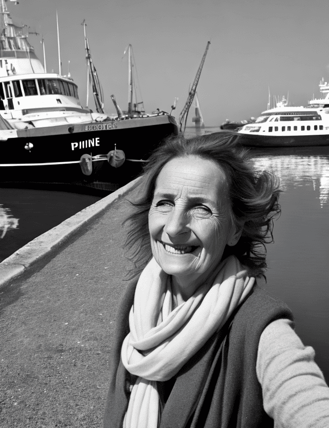 AI generated: vieille femme, debout, souriant, seule, belle, rassurante, photographie noir et blanc détaillée,  pi...