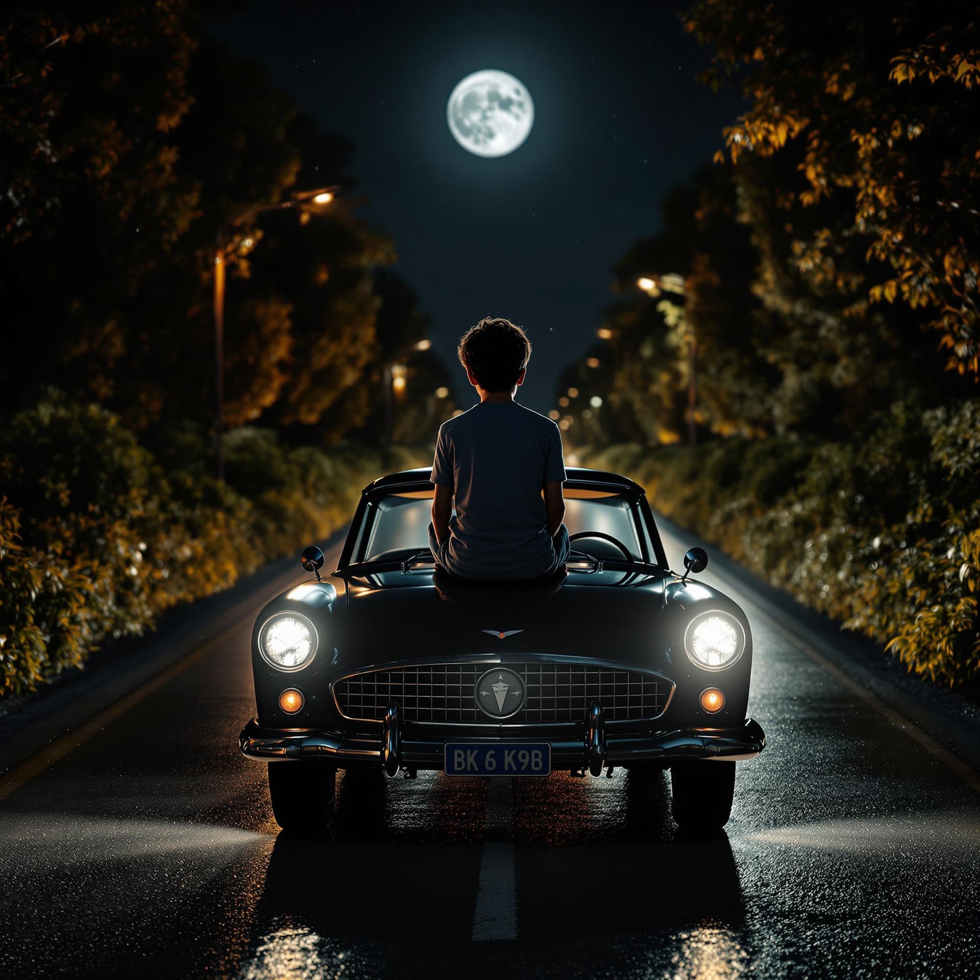 AI generated: 3D Render, 3D Scene, 3D Art, a boy sitting on the front hood of a classic car, the car is seen from ...