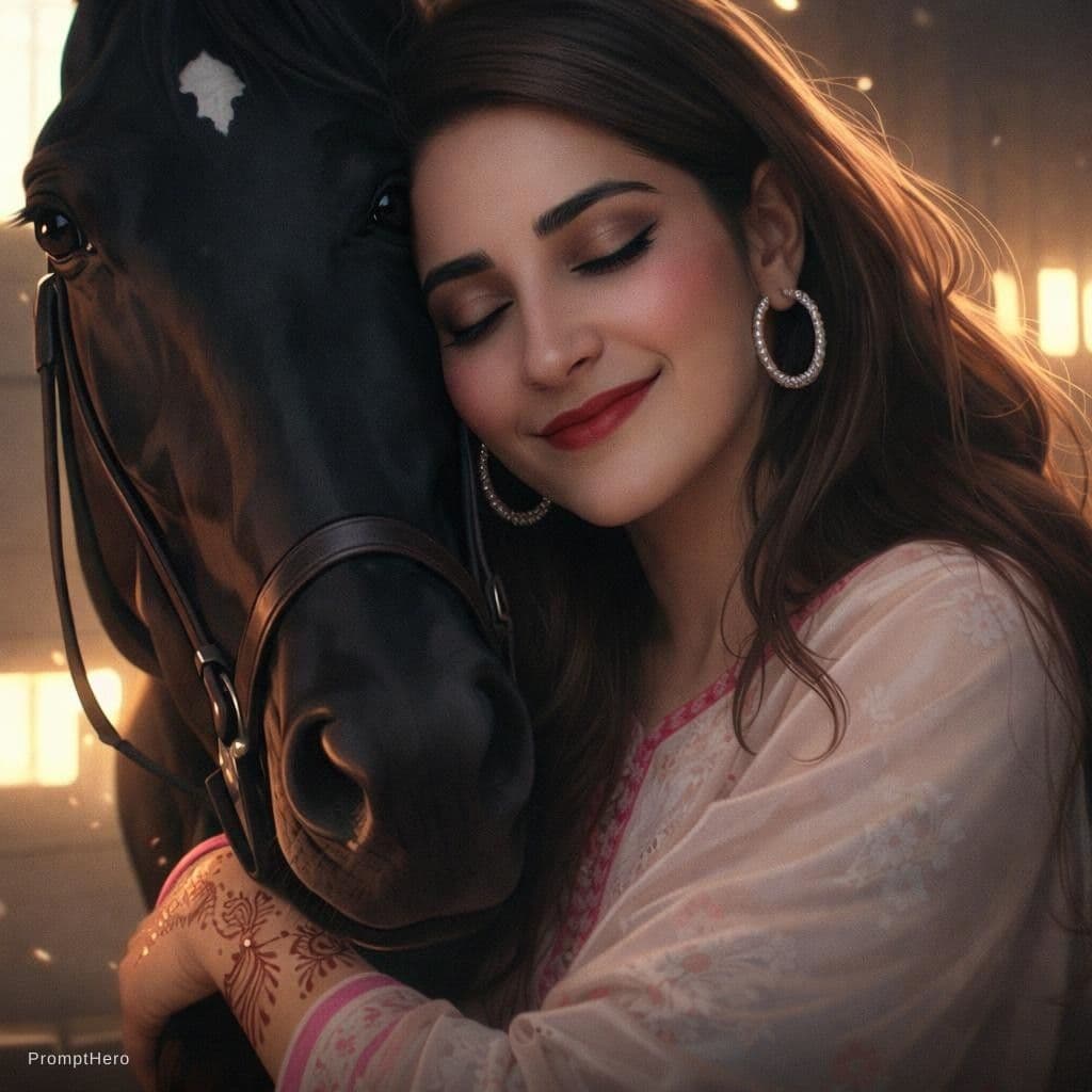 AI generated: A beautiful cute indian girl hugging a horse face, Replace the girl eyes and face features in the fi...