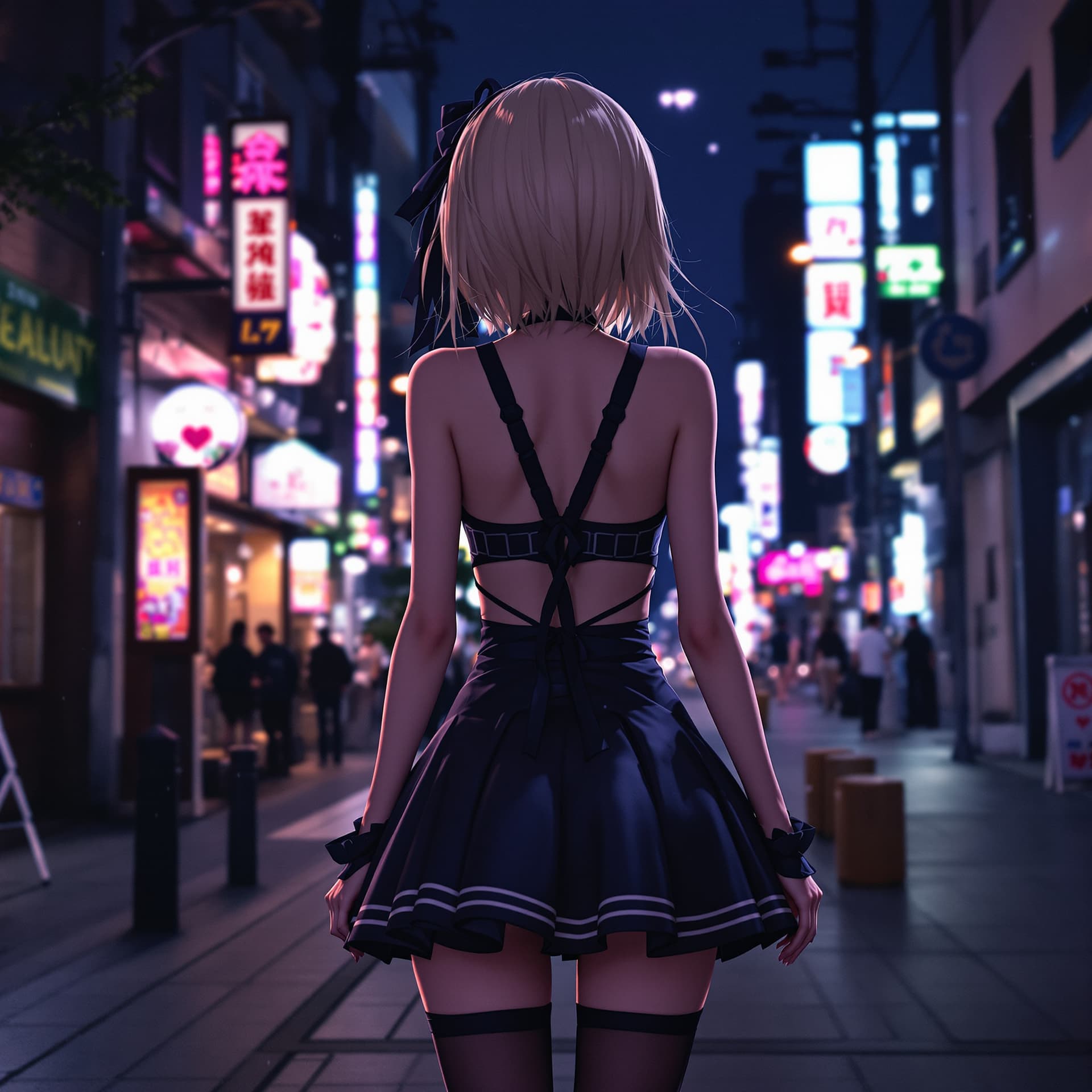 AI generated: waifu street night short tights dress back view